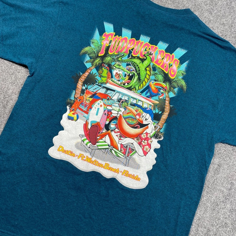 Fudpuckers T-Shirt Mens L Blue Ya Aint Been Pucked Till Ya Been Fudpucked